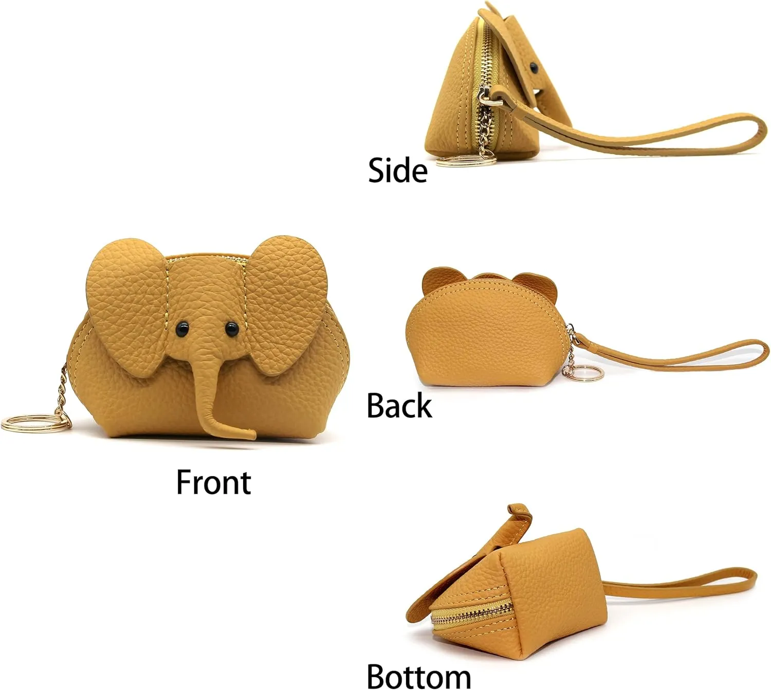 Small Leather Coin Purse for Women Cute Elephant Change Purse for Girls Zipper Coin Pouch Wallet with Key Chain and Wrist Strap (3-Yellow)