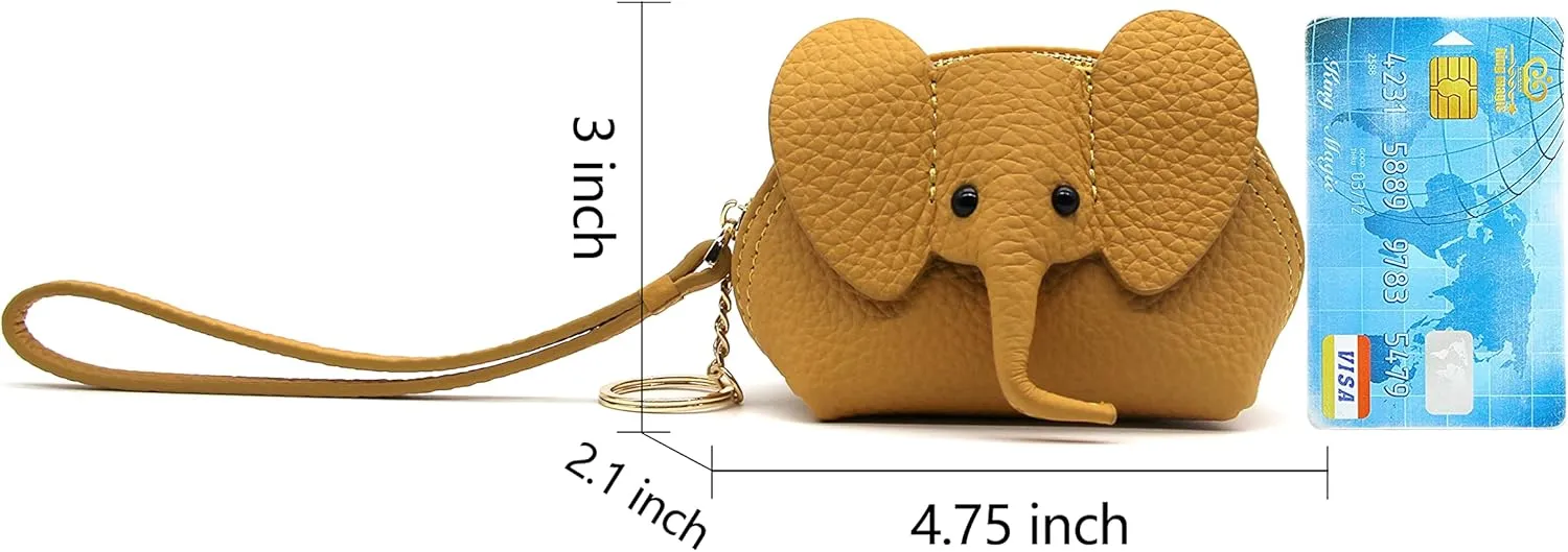 Small Leather Coin Purse for Women Cute Elephant Change Purse for Girls Zipper Coin Pouch Wallet with Key Chain and Wrist Strap (3-Yellow)