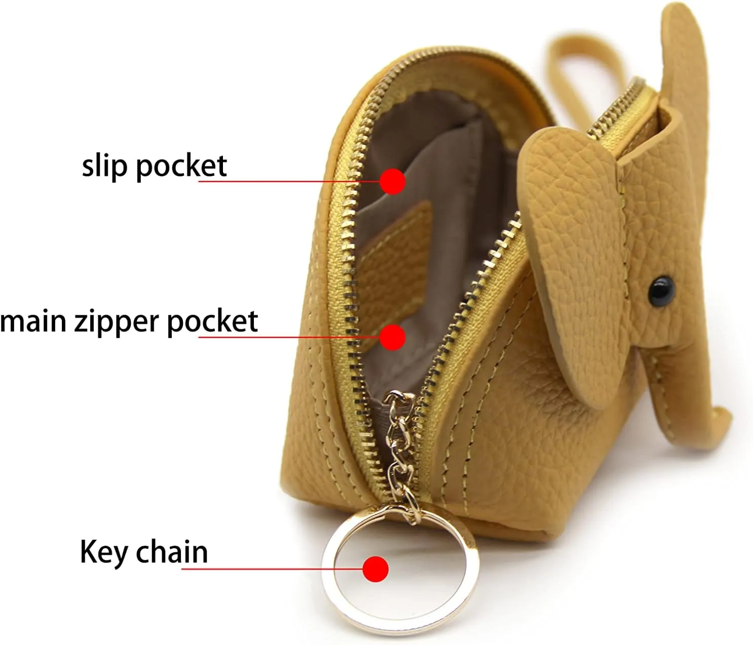 Small Leather Coin Purse for Women Cute Elephant Change Purse for Girls Zipper Coin Pouch Wallet with Key Chain and Wrist Strap (3-Yellow)