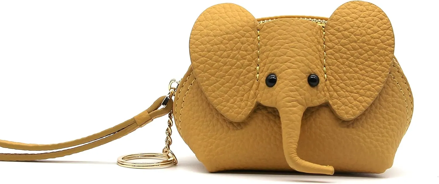 Small Leather Coin Purse for Women Cute Elephant Change Purse for Girls Zipper Coin Pouch Wallet with Key Chain and Wrist Strap (3-Yellow)