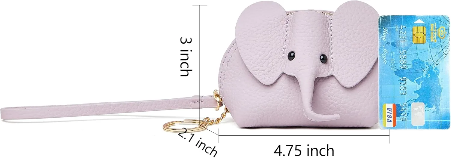 Small Leather Coin Purse for Women Cute Elephant Change Purse for Girls Zipper Coin Pouch Wallet with Key Chain and Wrist Strap (4-Purple)