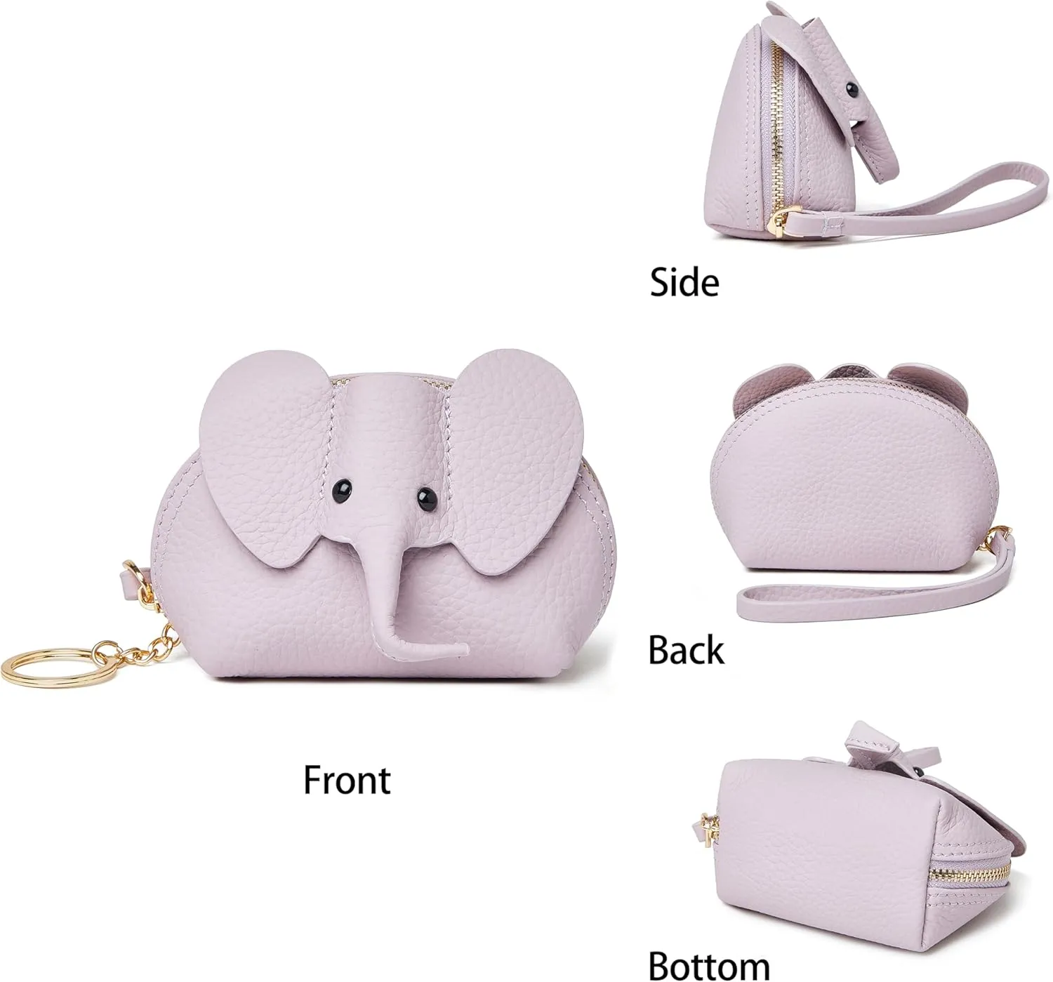 Small Leather Coin Purse for Women Cute Elephant Change Purse for Girls Zipper Coin Pouch Wallet with Key Chain and Wrist Strap (4-Purple)