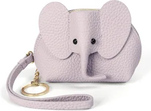 Small Leather Coin Purse for Women Cute Elephant Change Purse for Girls Zipper Coin Pouch Wallet with Key Chain and Wrist Strap (4-Purple)