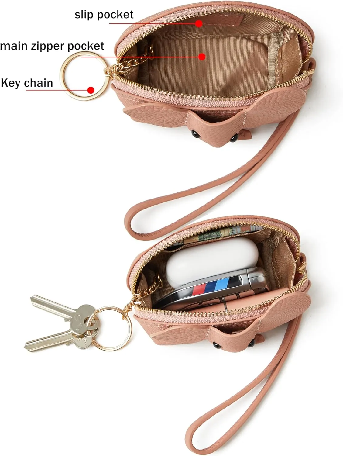 Small Leather Coin Purse for Women Cute Elephant Change Purse for Girls Zipper Coin Pouch Wallet with Key Chain and Wrist Strap(5-Pink)
