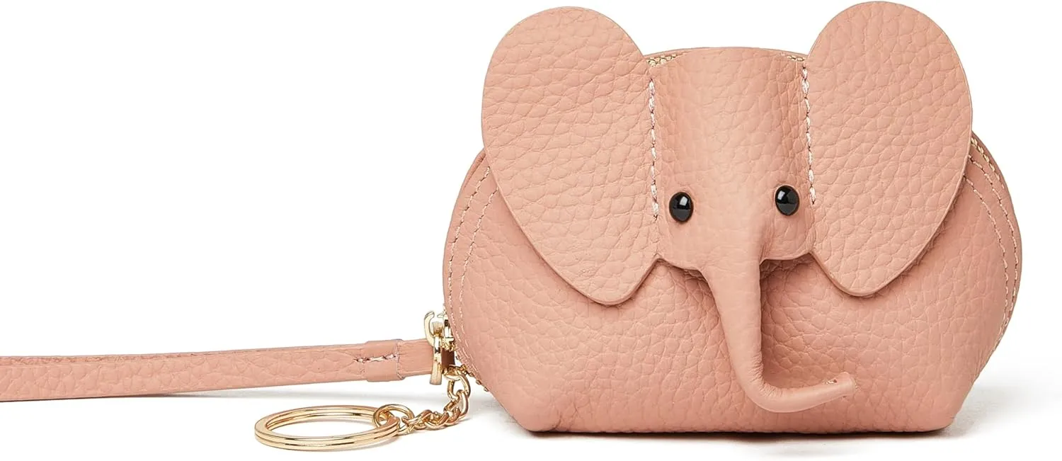 Small Leather Coin Purse for Women Cute Elephant Change Purse for Girls Zipper Coin Pouch Wallet with Key Chain and Wrist Strap(5-Pink)