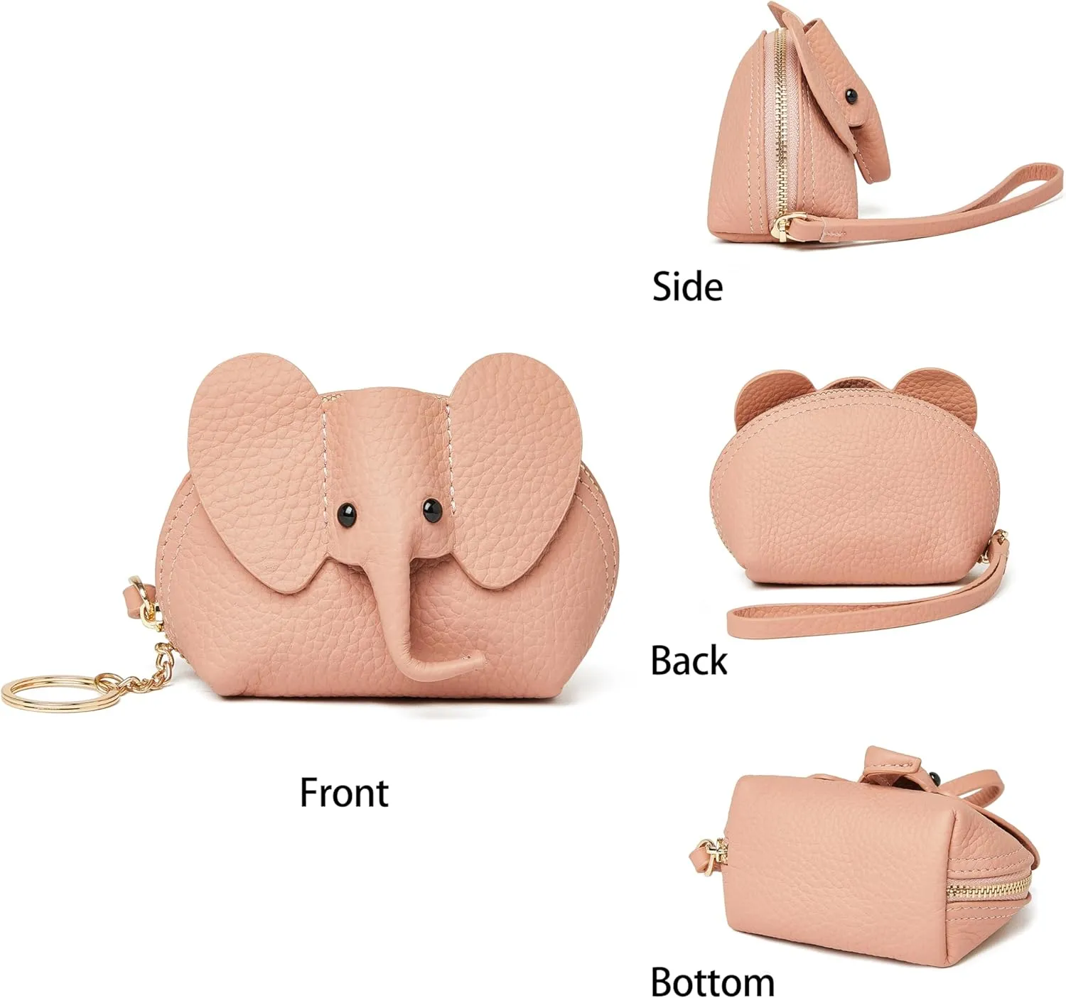 Small Leather Coin Purse for Women Cute Elephant Change Purse for Girls Zipper Coin Pouch Wallet with Key Chain and Wrist Strap(5-Pink)