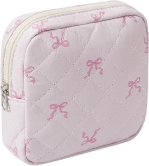 Small Quilted Cosmetic Pouch for Purse, Mini Cotton Makeup Bag with Compartments, Cute Zipper Lipstick Holder for Women (05Small Pink bow)
