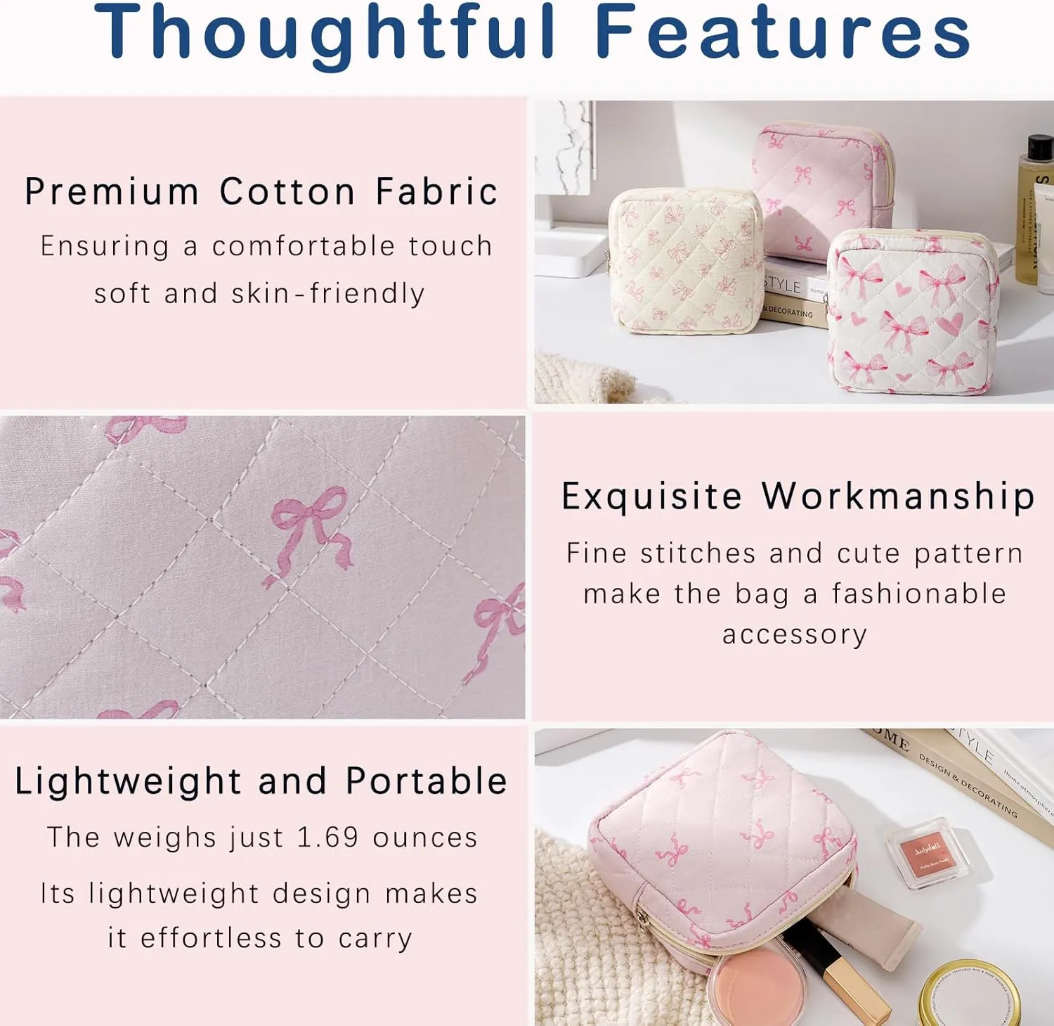 Small Quilted Cosmetic Pouch for Purse, Mini Cotton Makeup Bag with Compartments, Cute Zipper Lipstick Holder for Women (05Small Pink bow)