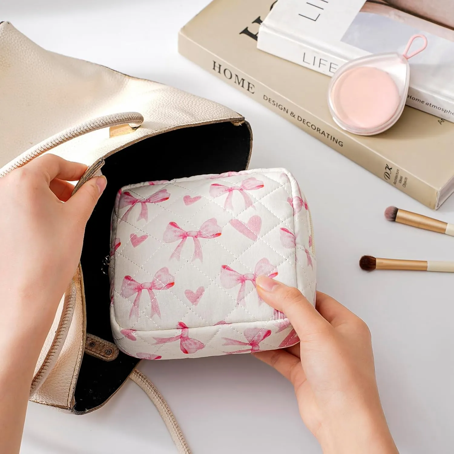 Small Quilted Cosmetic Pouch for Purse, Mini Cotton Makeup Bag with Compartments, Cute Zipper Lipstick Holder for Women (05Small Pink bow)