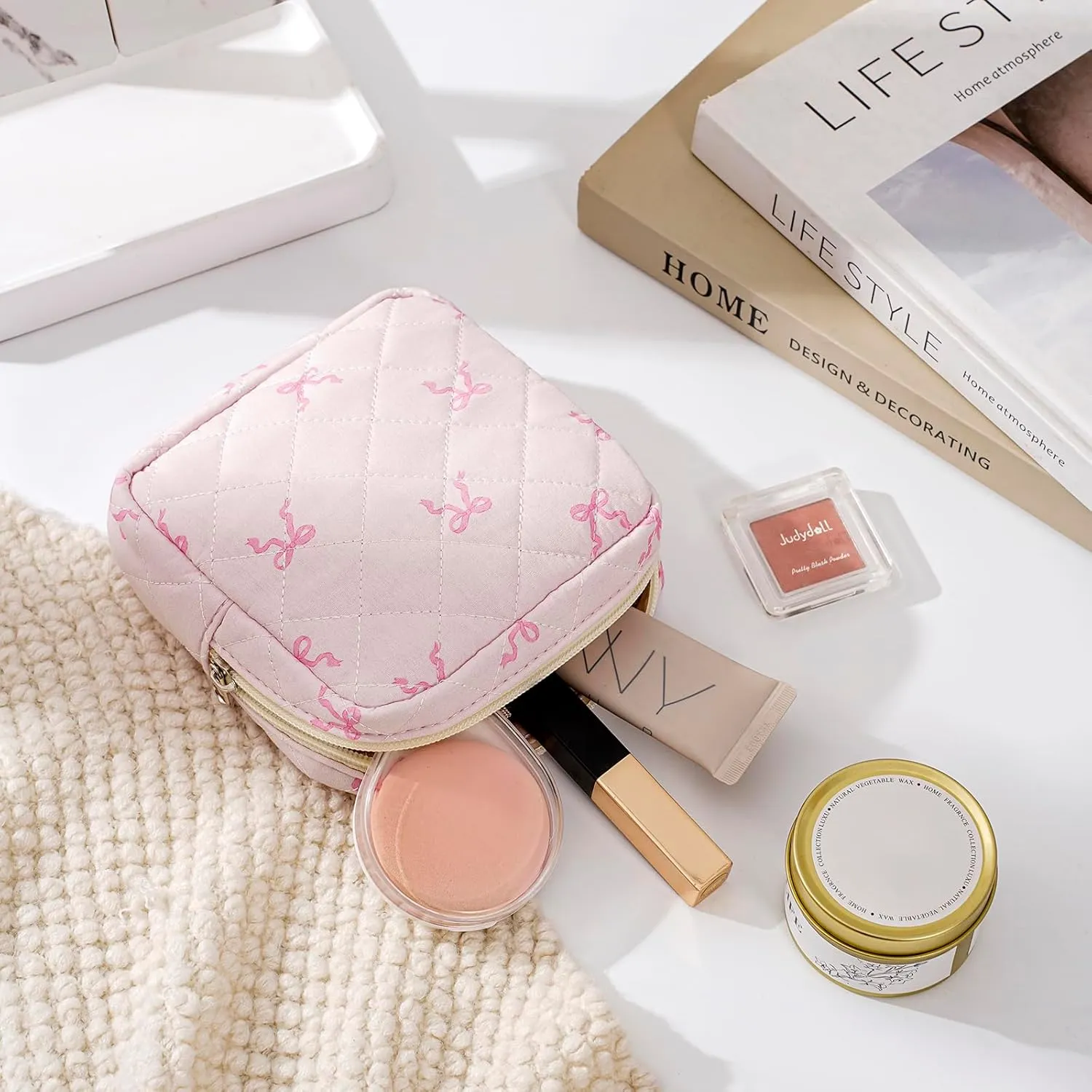 Small Quilted Cosmetic Pouch for Purse, Mini Cotton Makeup Bag with Compartments, Cute Zipper Lipstick Holder for Women (05Small Pink bow)
