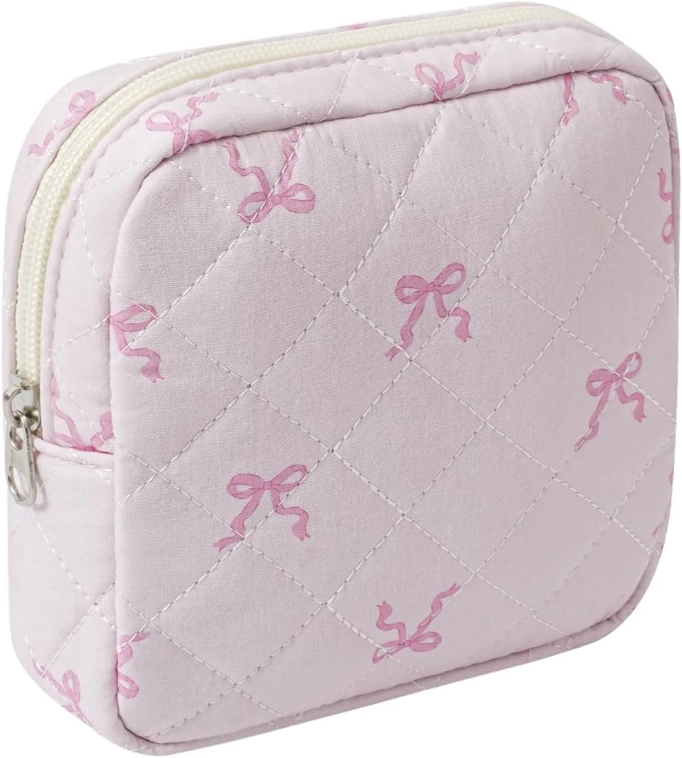 Small Quilted Cosmetic Pouch for Purse, Mini Cotton Makeup Bag with Compartments, Cute Zipper Lipstick Holder for Women (05Small Pink bow)