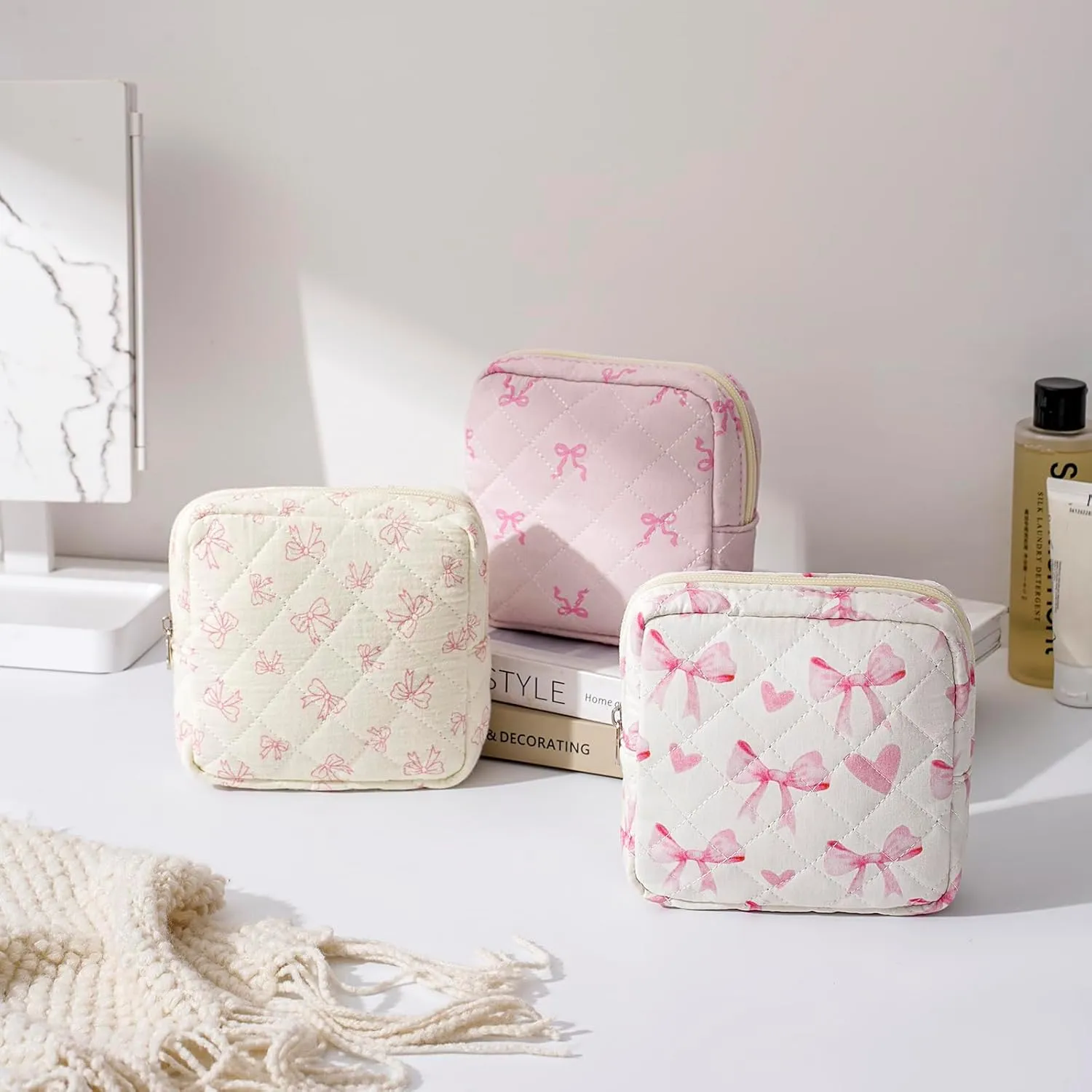 Small Quilted Cosmetic Pouch for Purse, Mini Cotton Makeup Bag with Compartments, Cute Zipper Lipstick Holder for Women (05Small Pink bow)