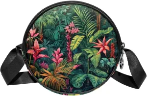 Small Round Crossbody Bags Shoulder Handbags, Jungle Tree Leaves Flowers