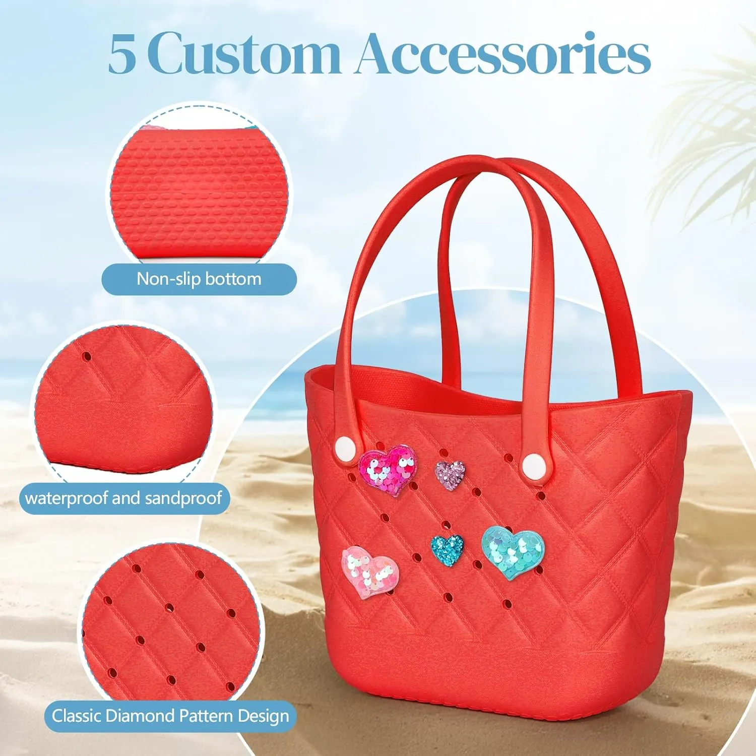 Small Rubber Tote Bag with 5 Charms Cute Beach Tote Small Rubber Bags for Women