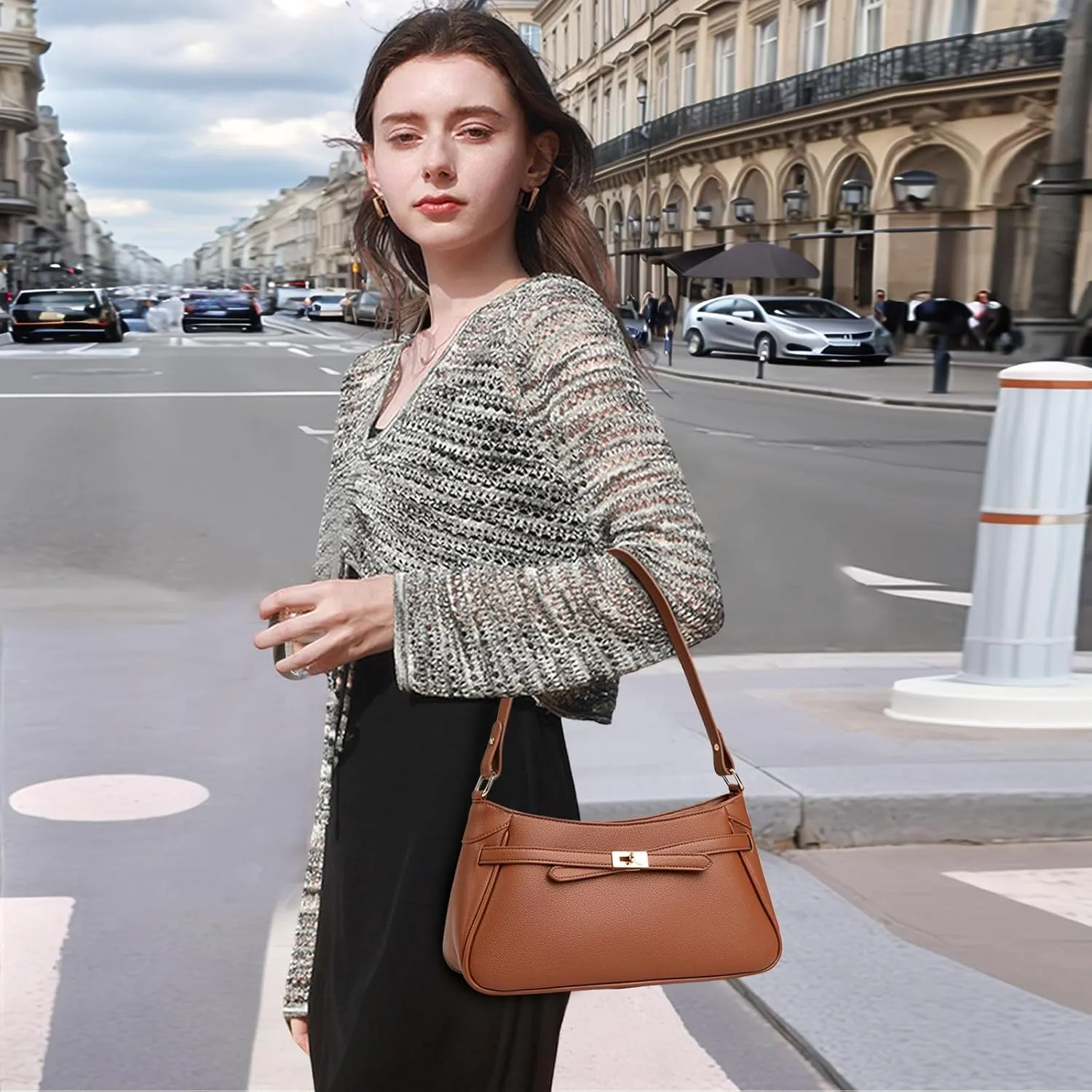 Small Shoulder Bag for Women - Mini Crossbody Little PU Leather Handbag with 2 Removable Straps and Zipper Closure