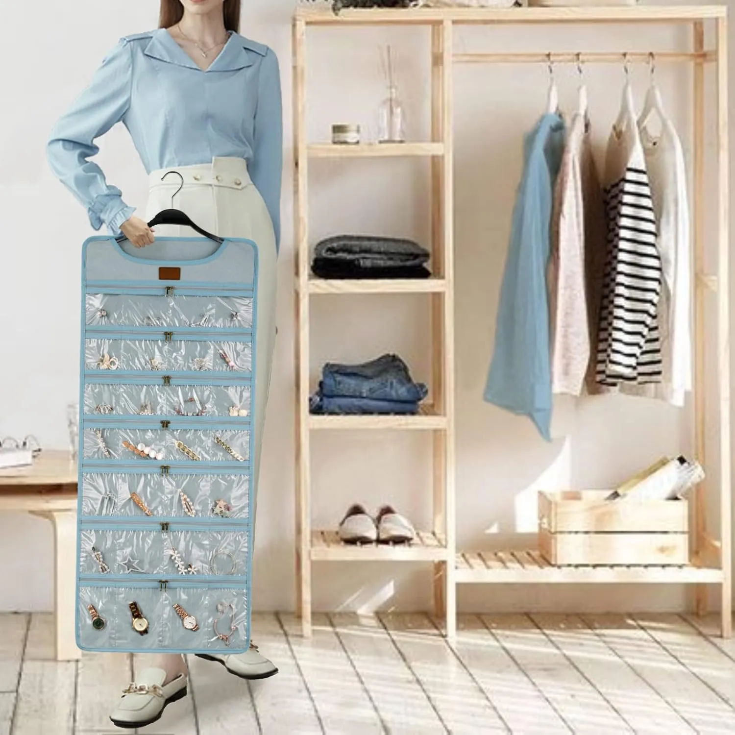 SMRITI Hanging Jewelry Organizer with Dual Zippered Pockets Canvas Double Sided Rotating Hanger Necklace Hanging Wall Organizer Earring Dustproof Holder Wall Mount Accessories Display Bag(Light Blue)