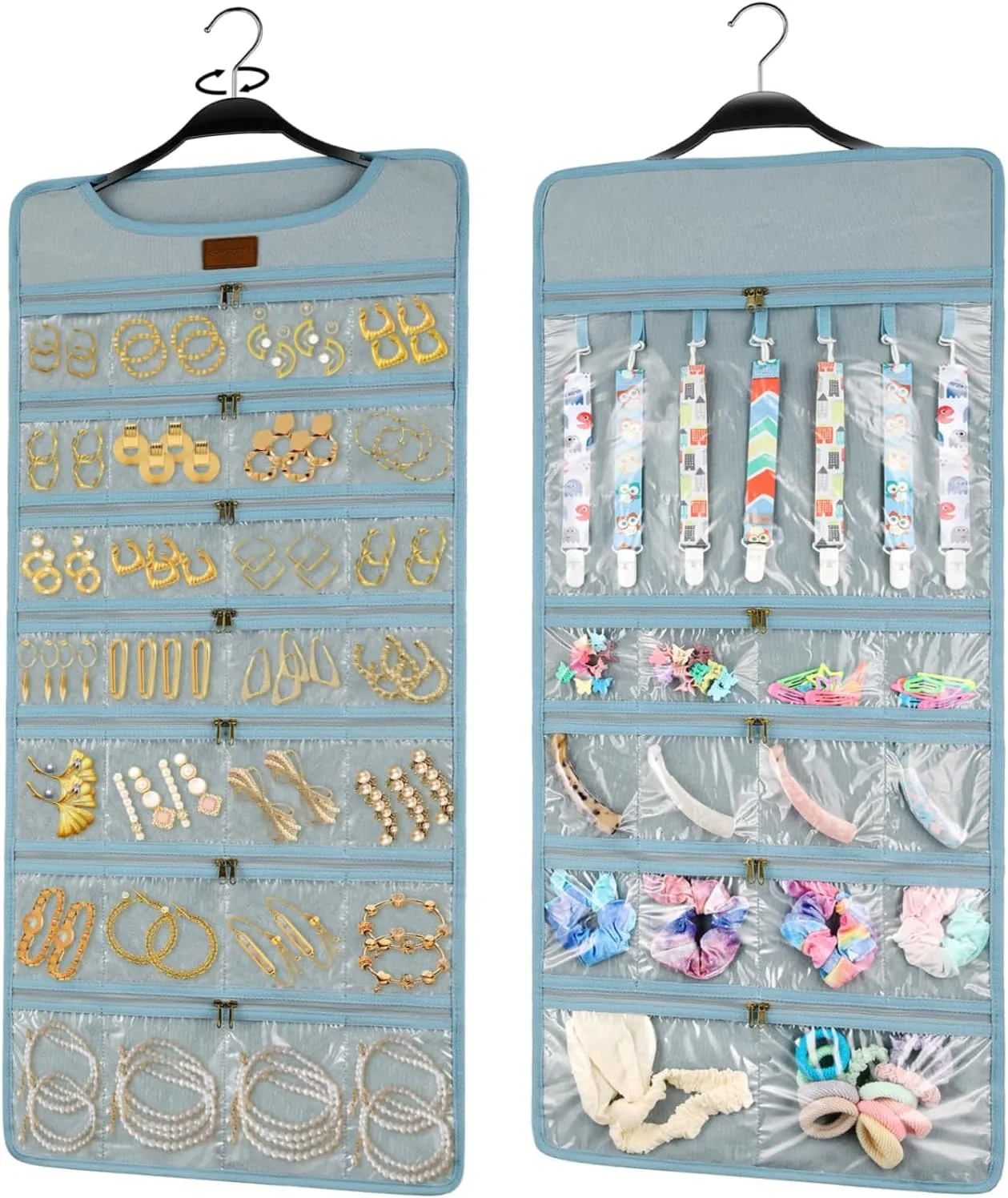 SMRITI Hanging Jewelry Organizer with Dual Zippered Pockets Canvas Double Sided Rotating Hanger Necklace Hanging Wall Organizer Earring Dustproof Holder Wall Mount Accessories Display Bag(Light Blue)