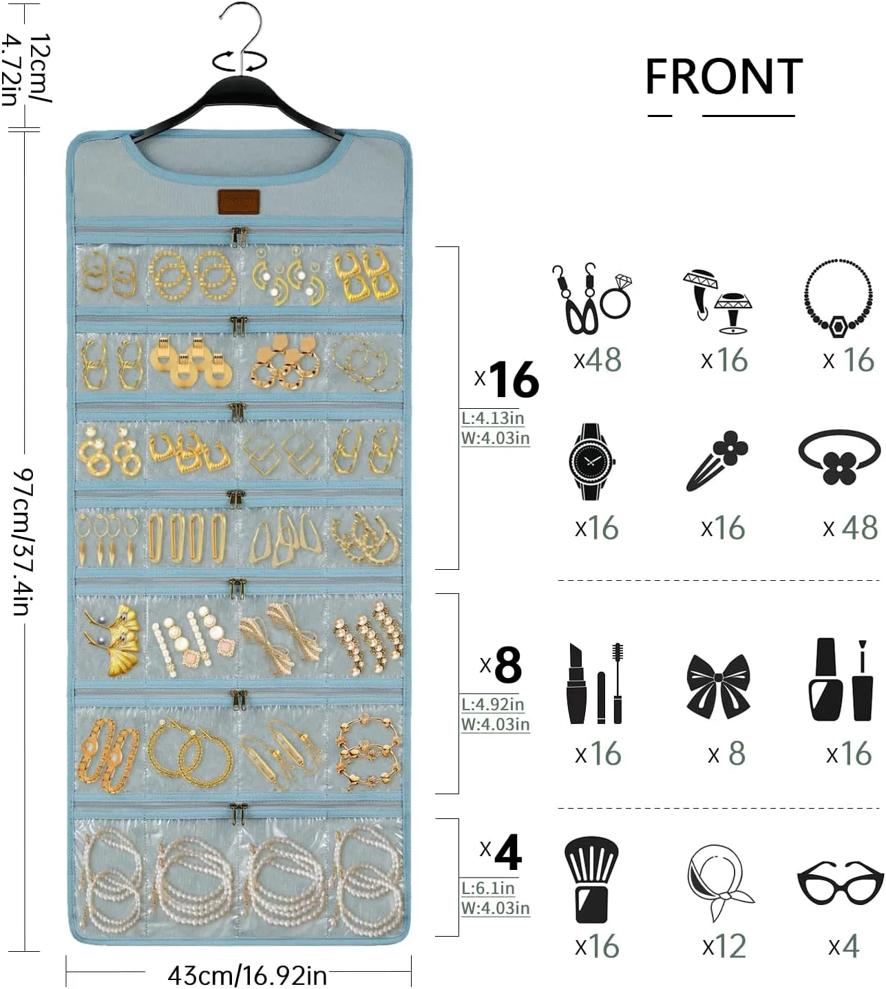 SMRITI Hanging Jewelry Organizer with Dual Zippered Pockets Canvas Double Sided Rotating Hanger Necklace Hanging Wall Organizer Earring Dustproof Holder Wall Mount Accessories Display Bag(Light Blue)
