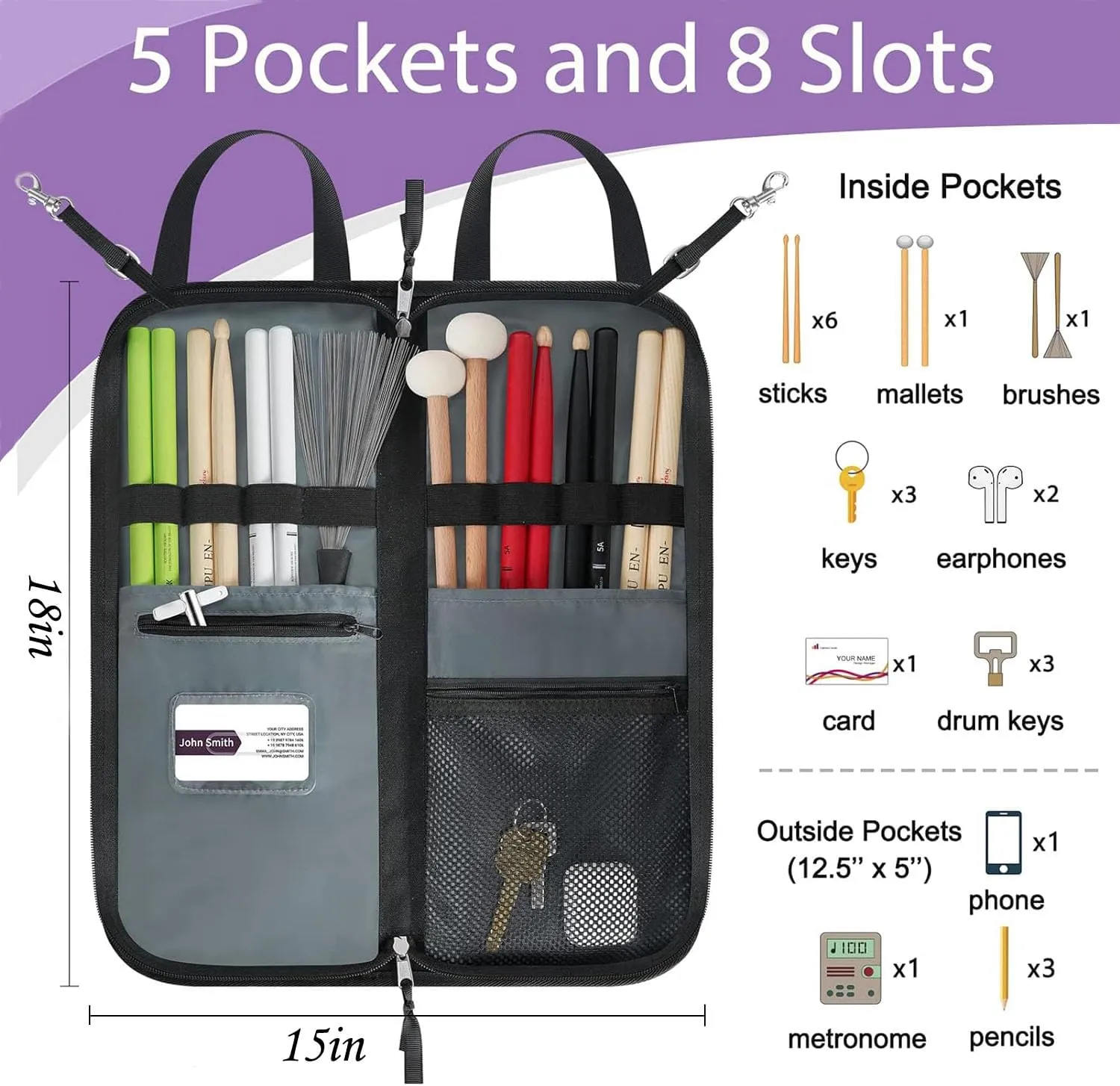 SNIGJAT Drumstick Bag with Crossbody Shoulder Strap, Drum Stick Bag with Large Capacity Anti-falling Pockets, Gifts for Drummers, Beginners in Band, Gig, Solid Drum Sticks Case w/Metal Hooks