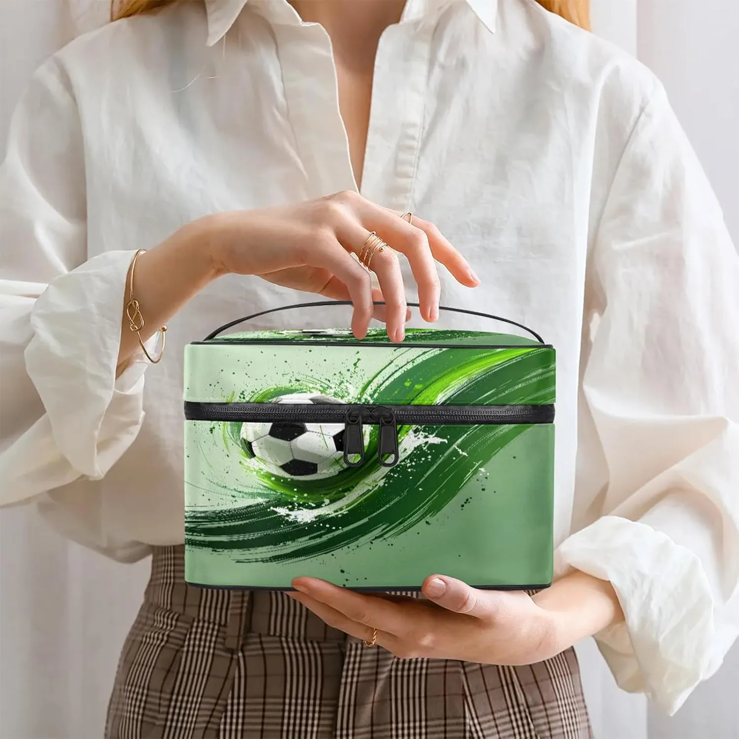 Soccer Travel Toiletry Bag Football Large Capacity Makeup Case Organizer with Handle Cosmetic Case for Women Girls