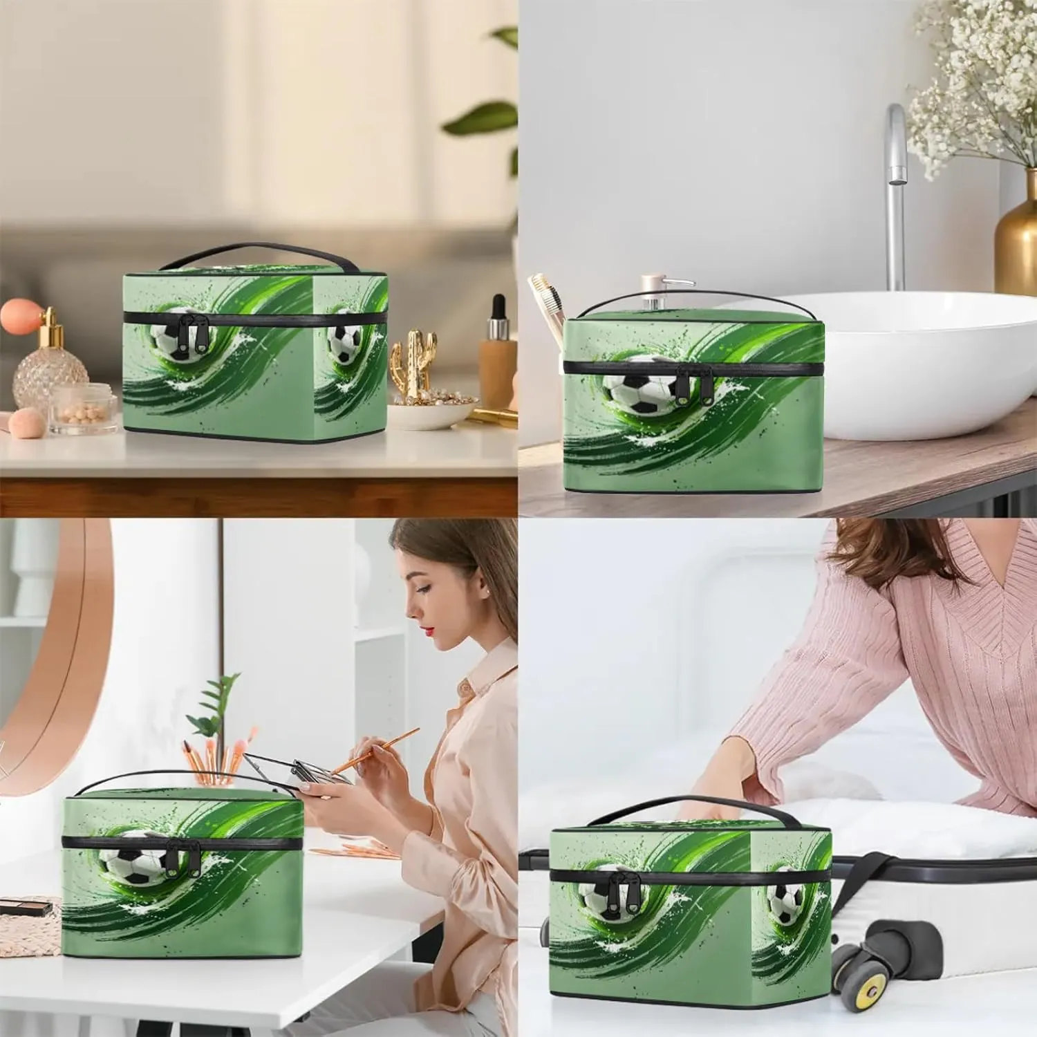 Soccer Travel Toiletry Bag Football Large Capacity Makeup Case Organizer with Handle Cosmetic Case for Women Girls