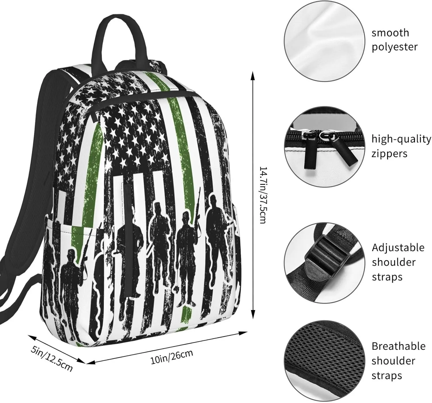 Soldiers American Flag Casual Backpacks Laptop Backpack Outdoor Travel Rucksack Sport Carry-On Daypack Lightweight Bag with Multi-Pockets