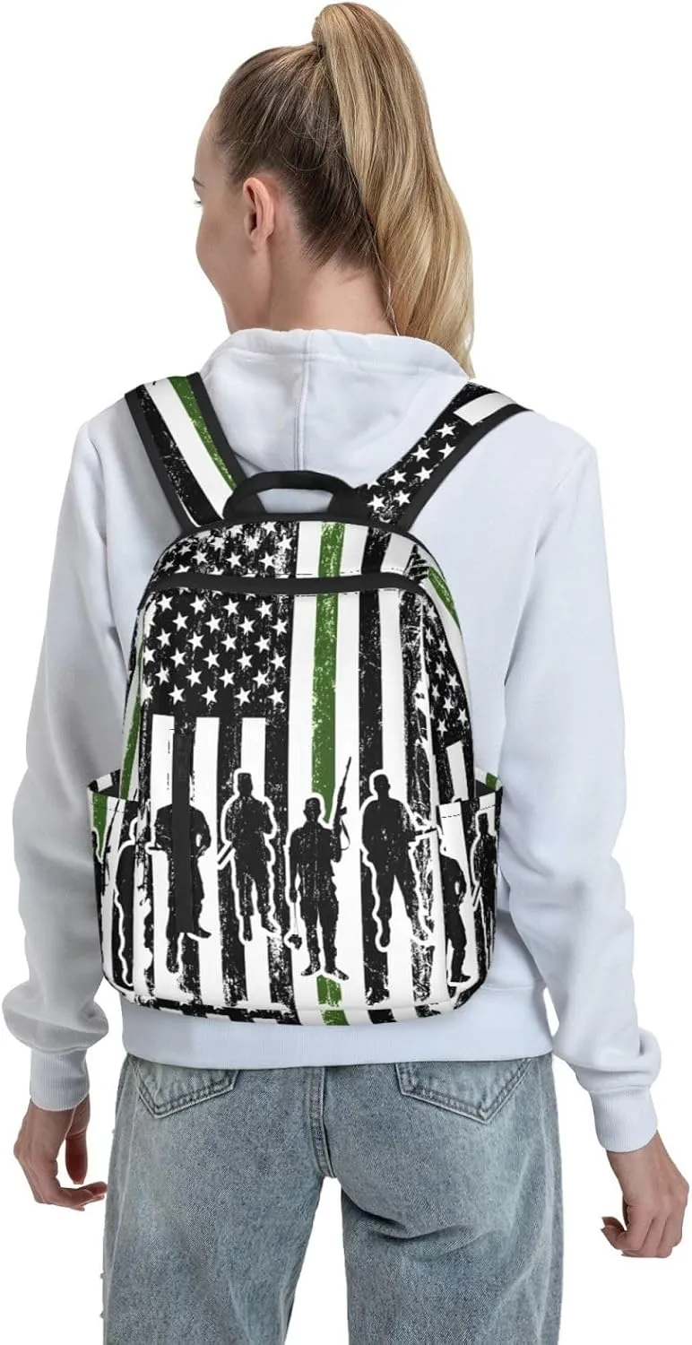 Soldiers American Flag Casual Backpacks Laptop Backpack Outdoor Travel Rucksack Sport Carry-On Daypack Lightweight Bag with Multi-Pockets