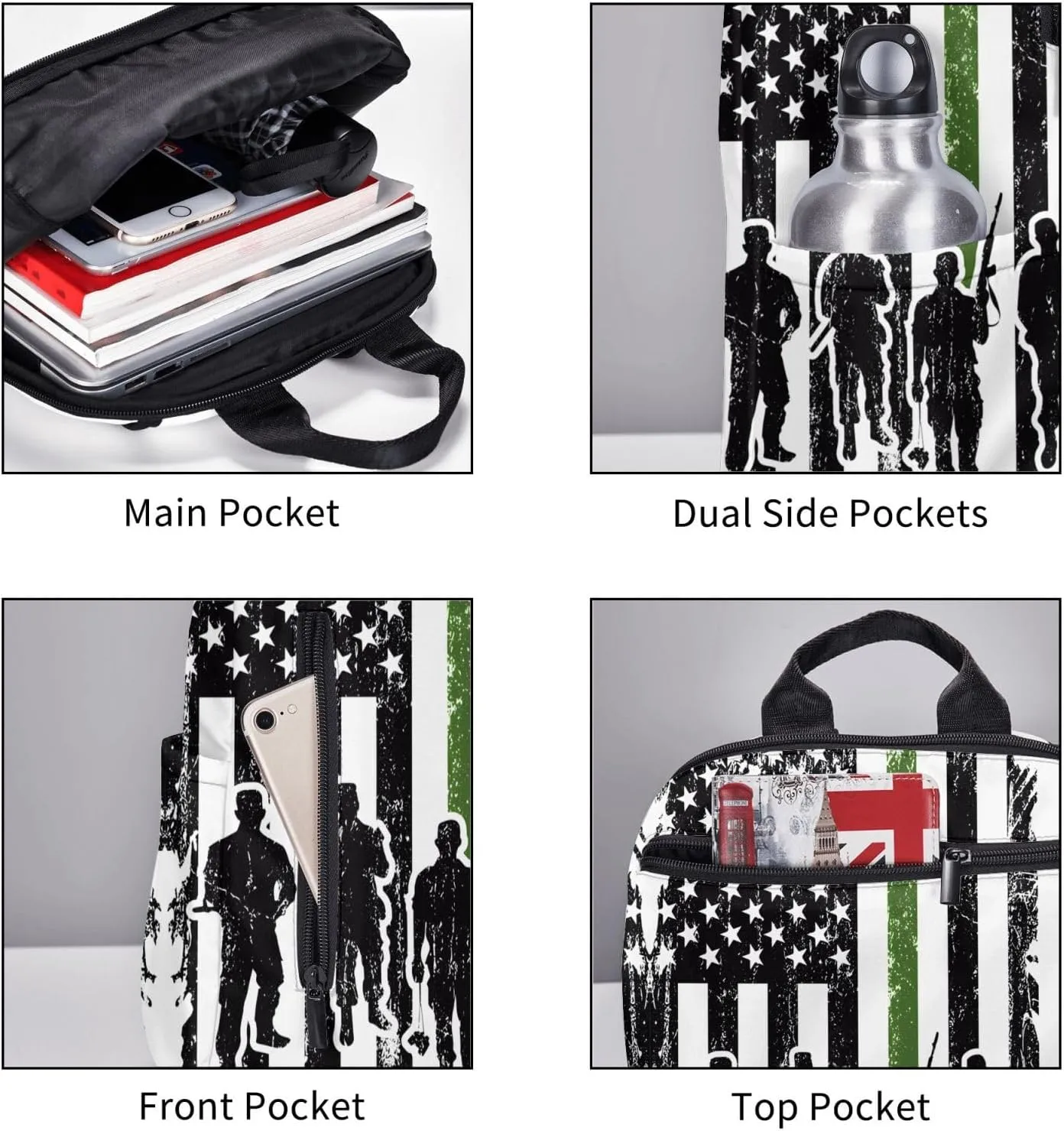 Soldiers American Flag Casual Backpacks Laptop Backpack Outdoor Travel Rucksack Sport Carry-On Daypack Lightweight Bag with Multi-Pockets