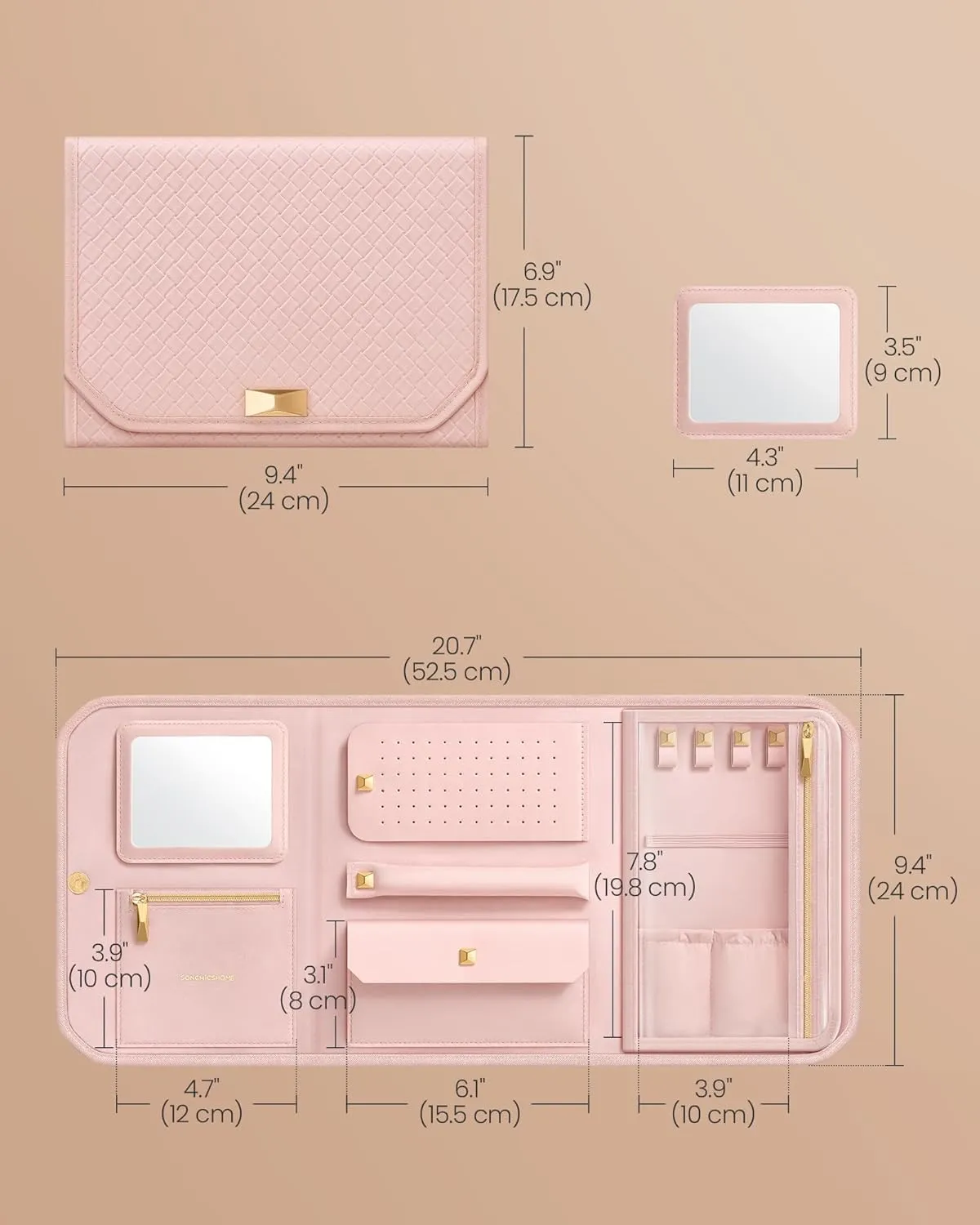 SONGMICS HOME Travel Jewelry Case, Foldable Jewelry Organizer with Mirror, Sectioned Storage, Large Capacity, Woven Embossed PU Leather, Gift Idea, Jelly Pink UJBC196R01