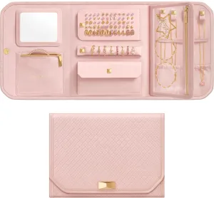 SONGMICS HOME Travel Jewelry Case, Foldable Jewelry Organizer with Mirror, Sectioned Storage, Large Capacity, Woven Embossed PU Leather, Gift Idea, Jelly Pink UJBC196R01