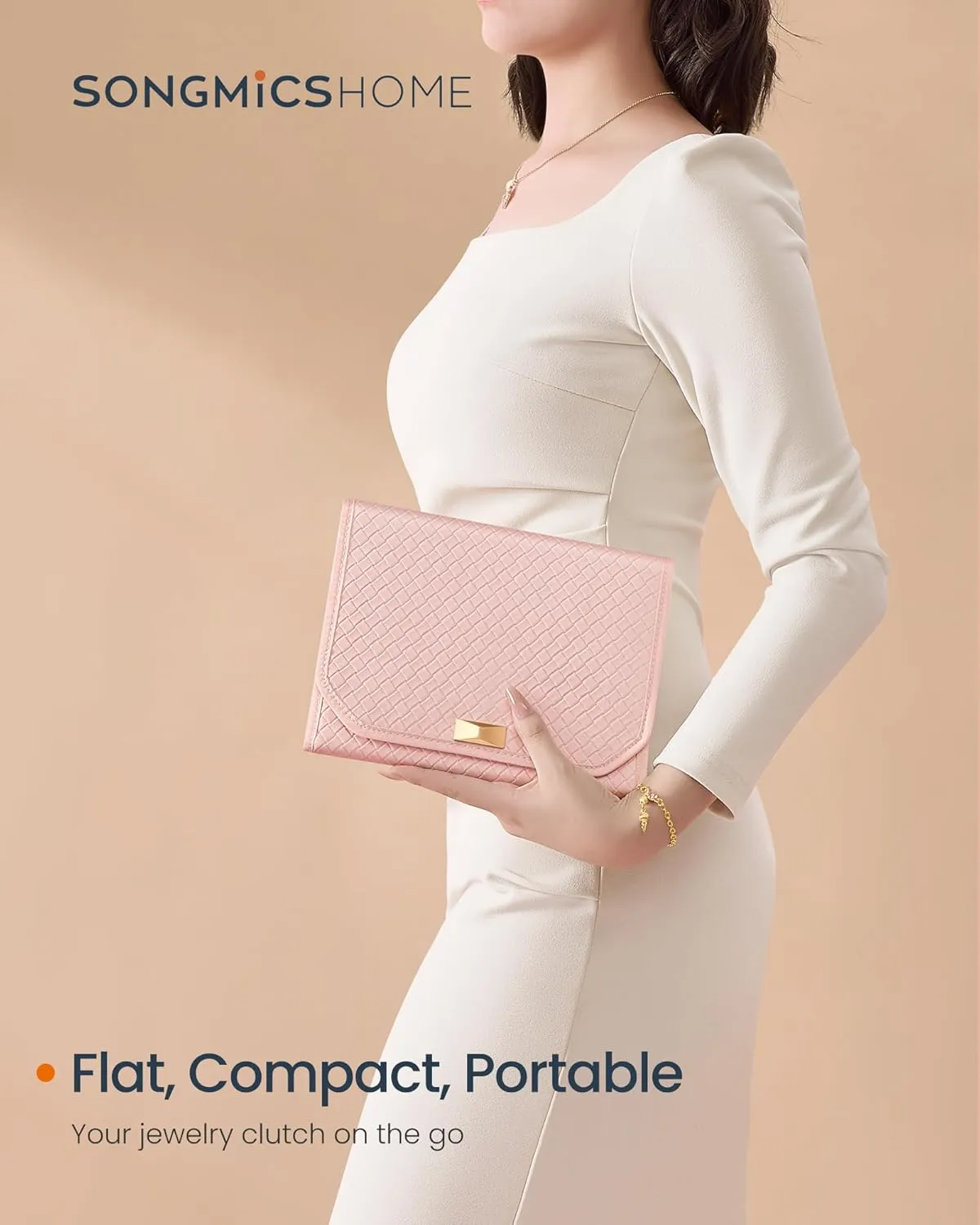 SONGMICS HOME Travel Jewelry Case, Foldable Jewelry Organizer with Mirror, Sectioned Storage, Large Capacity, Woven Embossed PU Leather, Gift Idea, Jelly Pink UJBC196R01