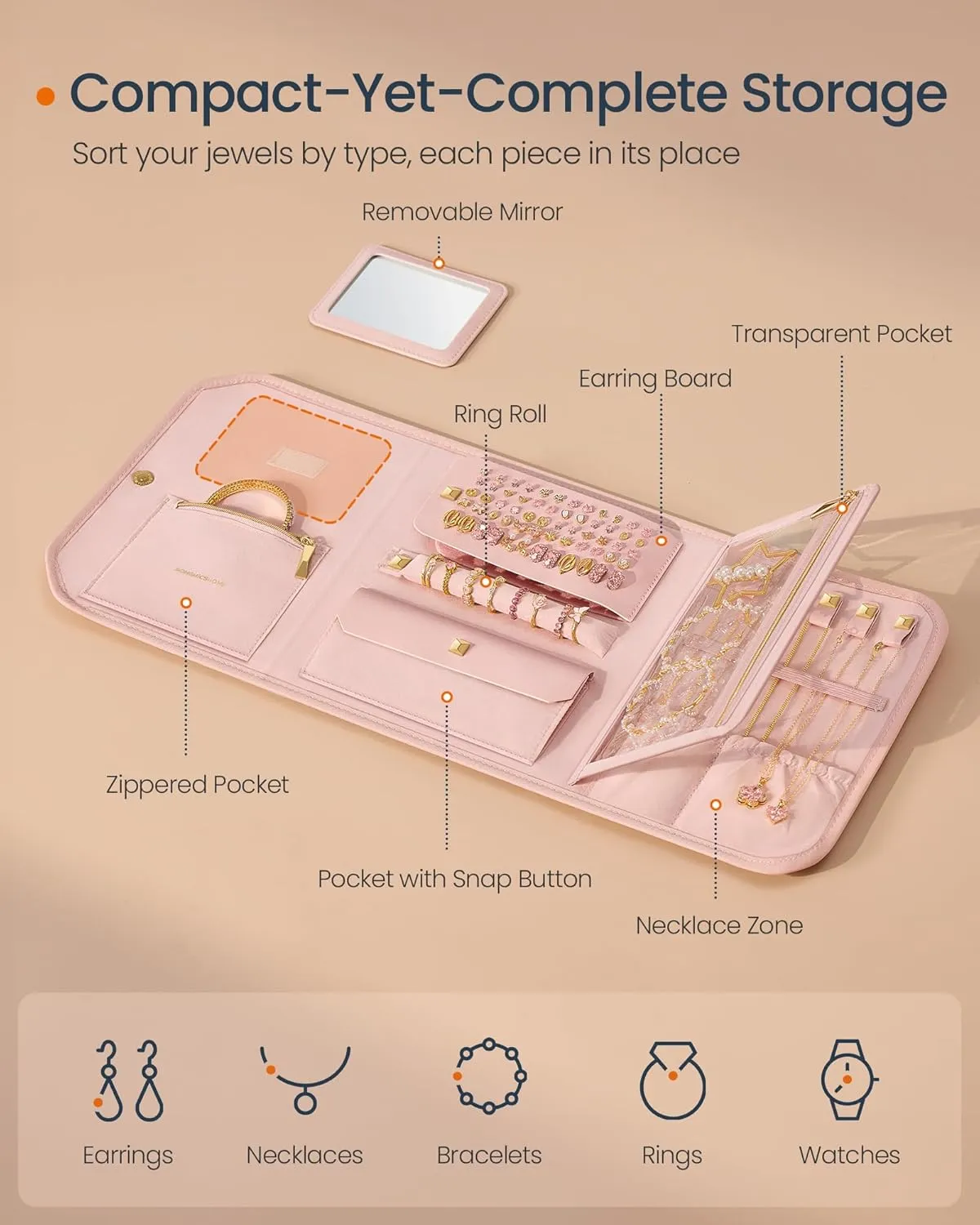 SONGMICS HOME Travel Jewelry Case, Foldable Jewelry Organizer with Mirror, Sectioned Storage, Large Capacity, Woven Embossed PU Leather, Gift Idea, Jelly Pink UJBC196R01