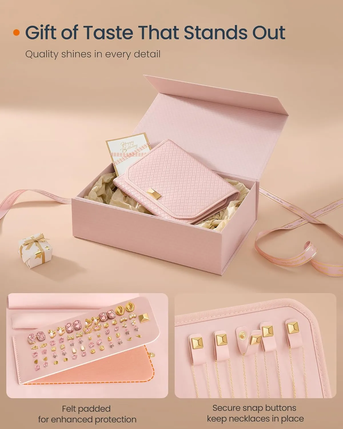 SONGMICS HOME Travel Jewelry Case, Foldable Jewelry Organizer with Mirror, Sectioned Storage, Large Capacity, Woven Embossed PU Leather, Gift Idea, Jelly Pink UJBC196R01