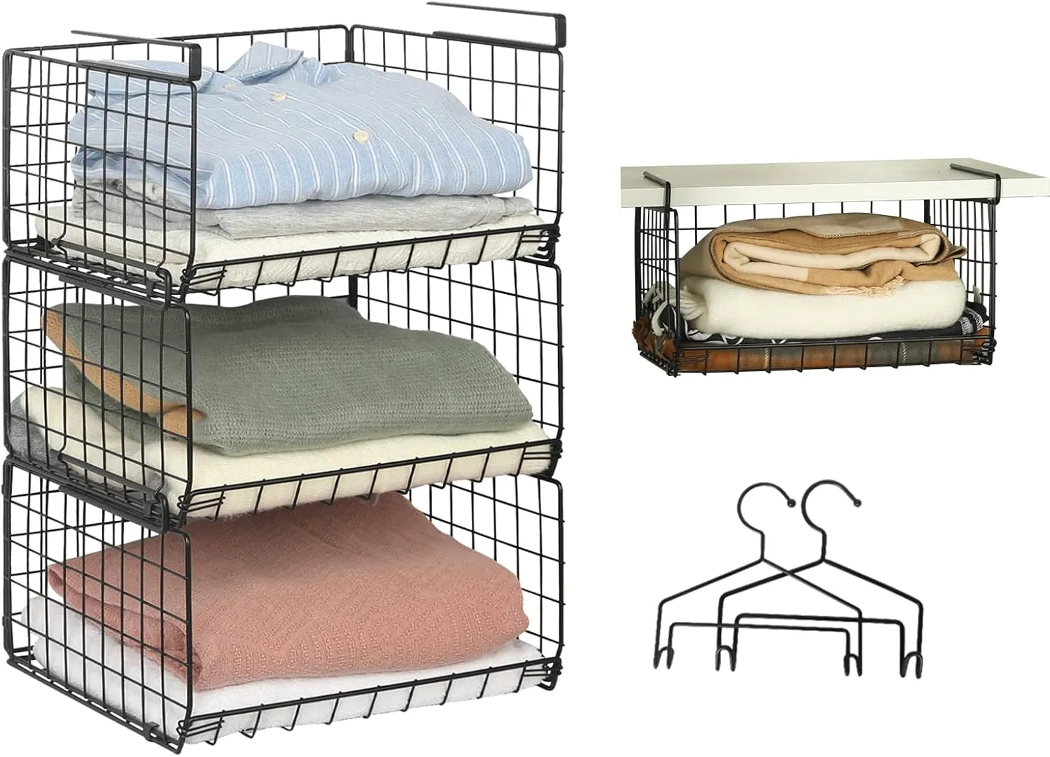 Sonyabecca 3-Tier Closet Hanging Organizer, Clothes Shelves with 2 Hooks, Wire Storage Basket Bins, for Clothing Sweaters Handbags Foldable Metal Wire Rack