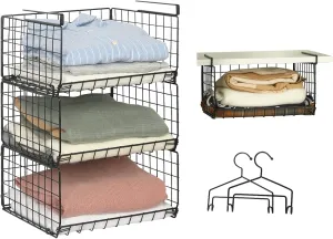 Sonyabecca 3-Tier Closet Hanging Organizer, Clothes Shelves with 2 Hooks, Wire Storage Basket Bins, for Clothing Sweaters Handbags Foldable Metal Wire Rack