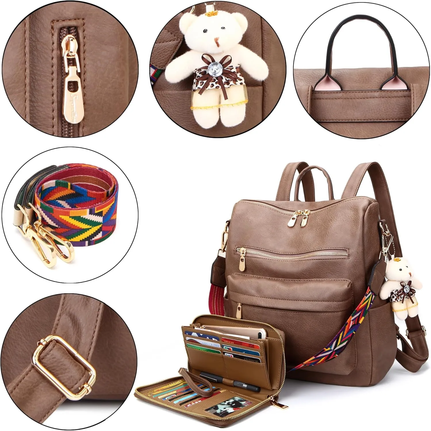 Soperwillton Women Backpack Purse Multipurpose Design Handbags Shoulder Bag PU Leather Travel bag Backpack Set 2pcs