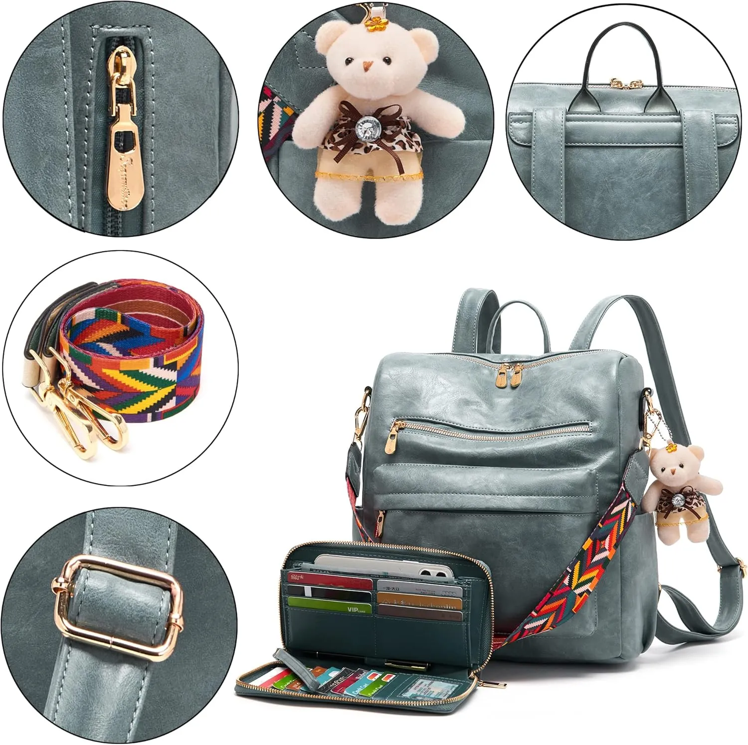 Soperwillton Women Backpack Purse Multipurpose Design Handbags Shoulder Bag PU Leather Travel bag Backpack Set 2pcs