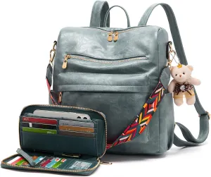 Soperwillton Women Backpack Purse Multipurpose Design Handbags Shoulder Bag PU Leather Travel bag Backpack Set 2pcs
