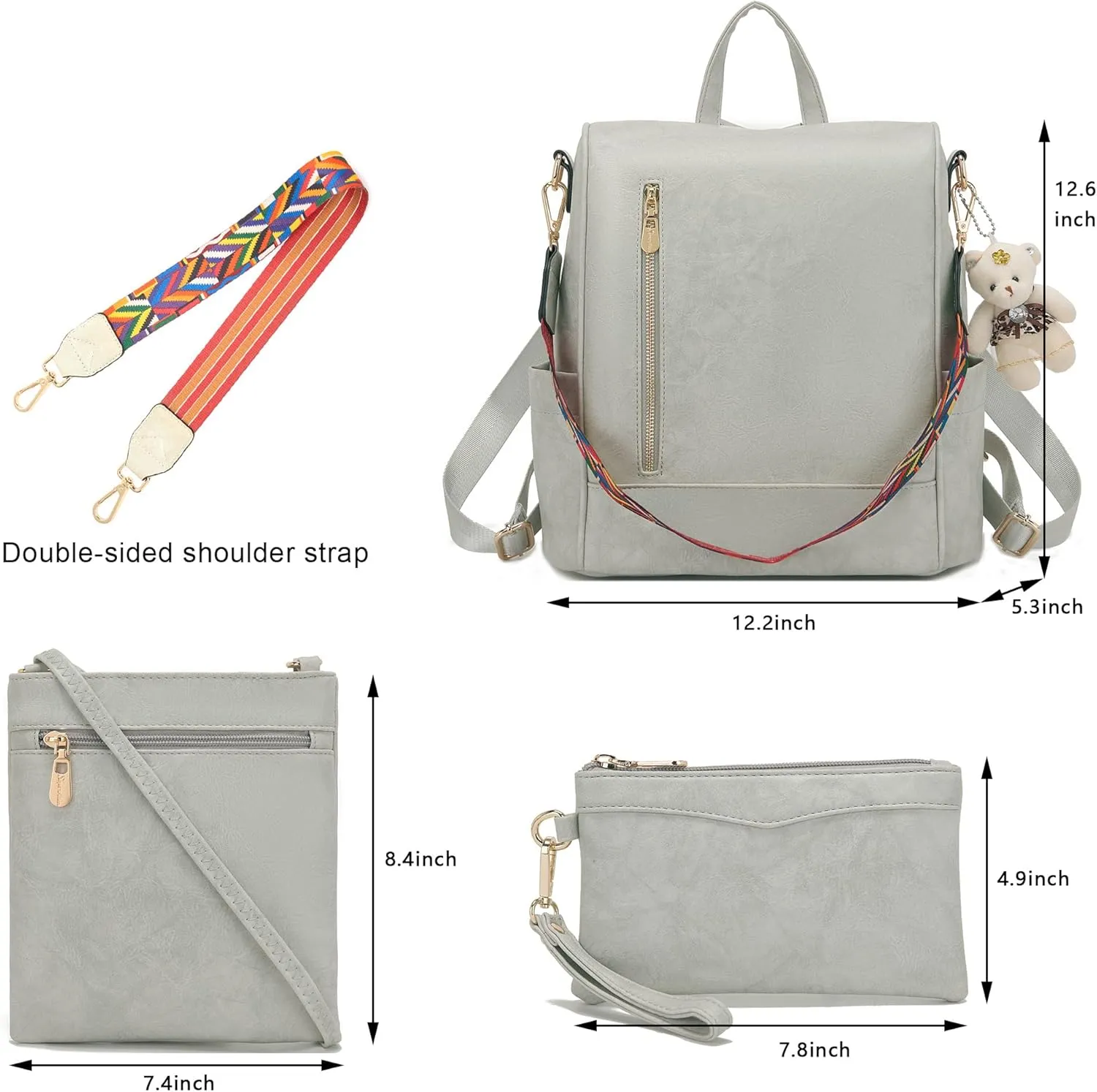 Soperwillton Women Backpack Purse PU Leather Anti-theft Fashion Shoulder Bag Travel Backpack Set 3pcs