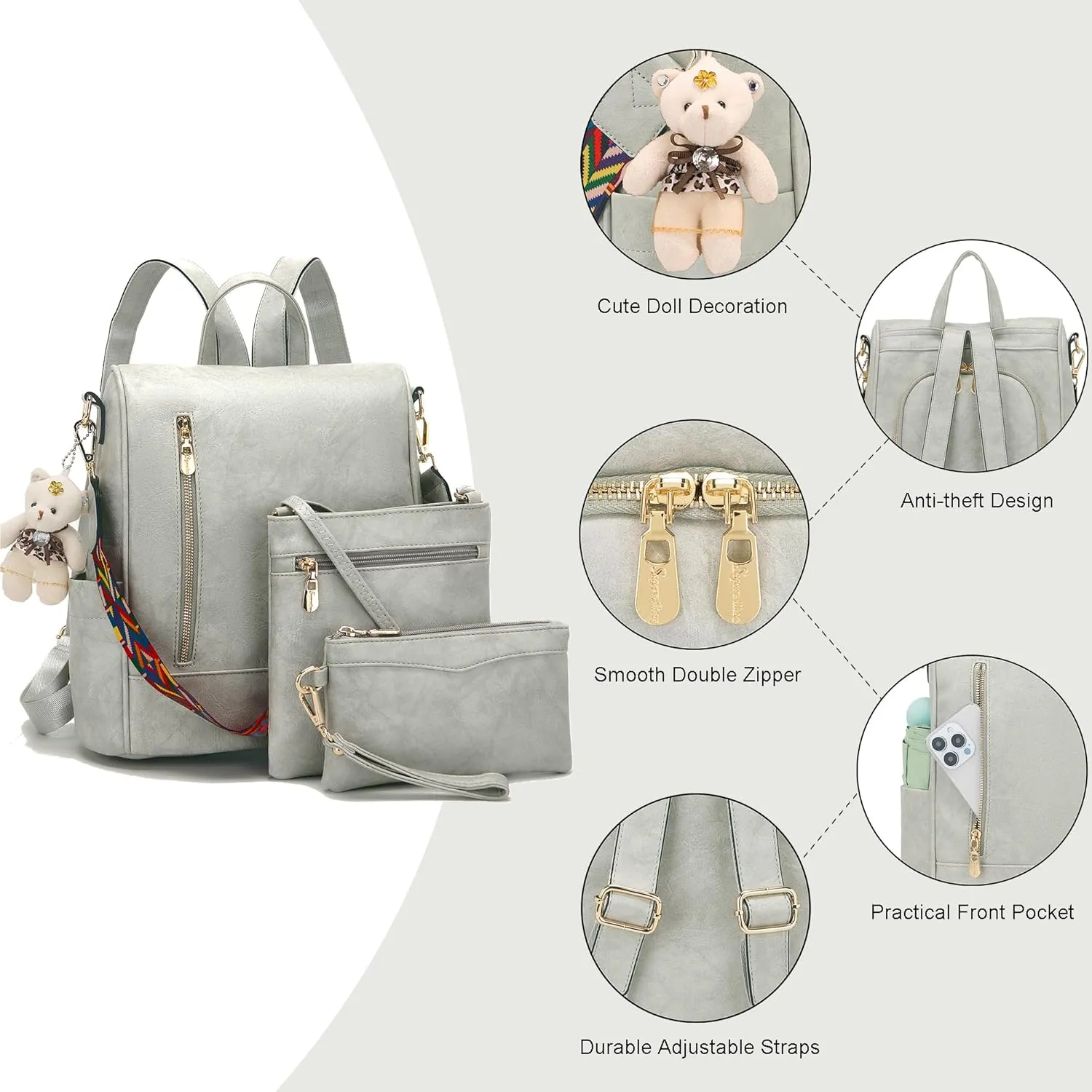 Soperwillton Women Backpack Purse PU Leather Anti-theft Fashion Shoulder Bag Travel Backpack Set 3pcs