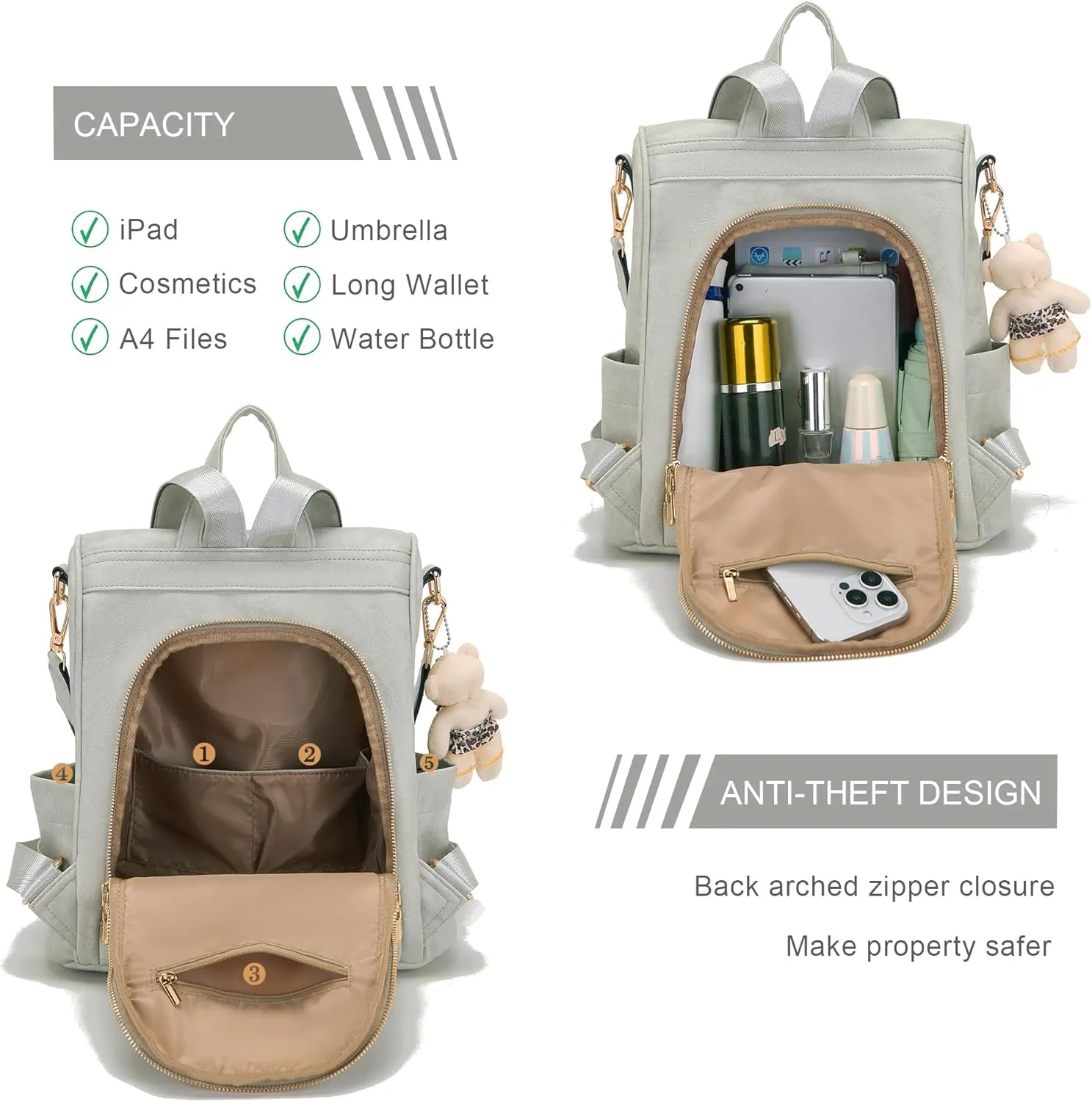 Soperwillton Women Backpack Purse PU Leather Anti-theft Fashion Shoulder Bag Travel Backpack Set 3pcs