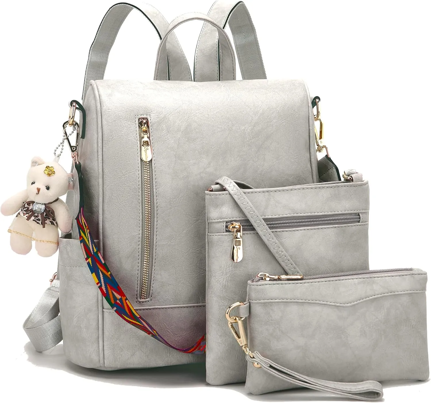 Soperwillton Women Backpack Purse PU Leather Anti-theft Fashion Shoulder Bag Travel Backpack Set 3pcs
