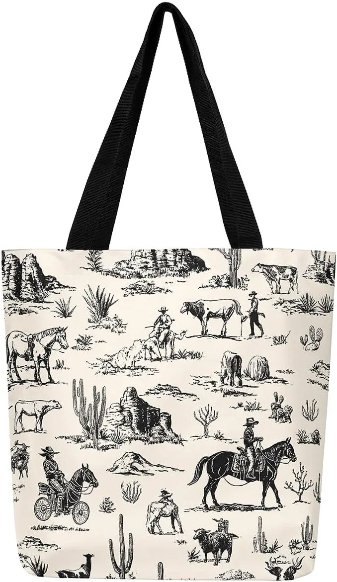Southwestern Canvas Tote Bag Cabin Canvas Bag Woodland Wildlife Deer Pine Tree Mountain River Retro Tote Bag