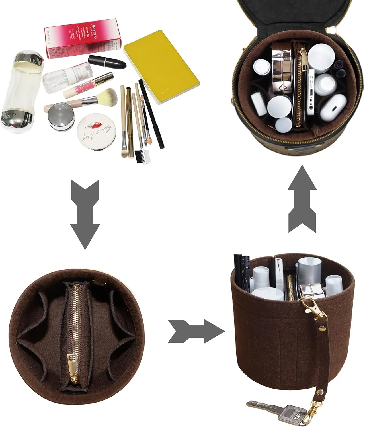Soyizom Cannes Bag Insert Felt Handbag Organizer Inserts Bag in Bag Organizer with Detachable Bag and Key Chains Fits for Cannes Cylinder Bag Tote Insert Purse Organzies,Brown