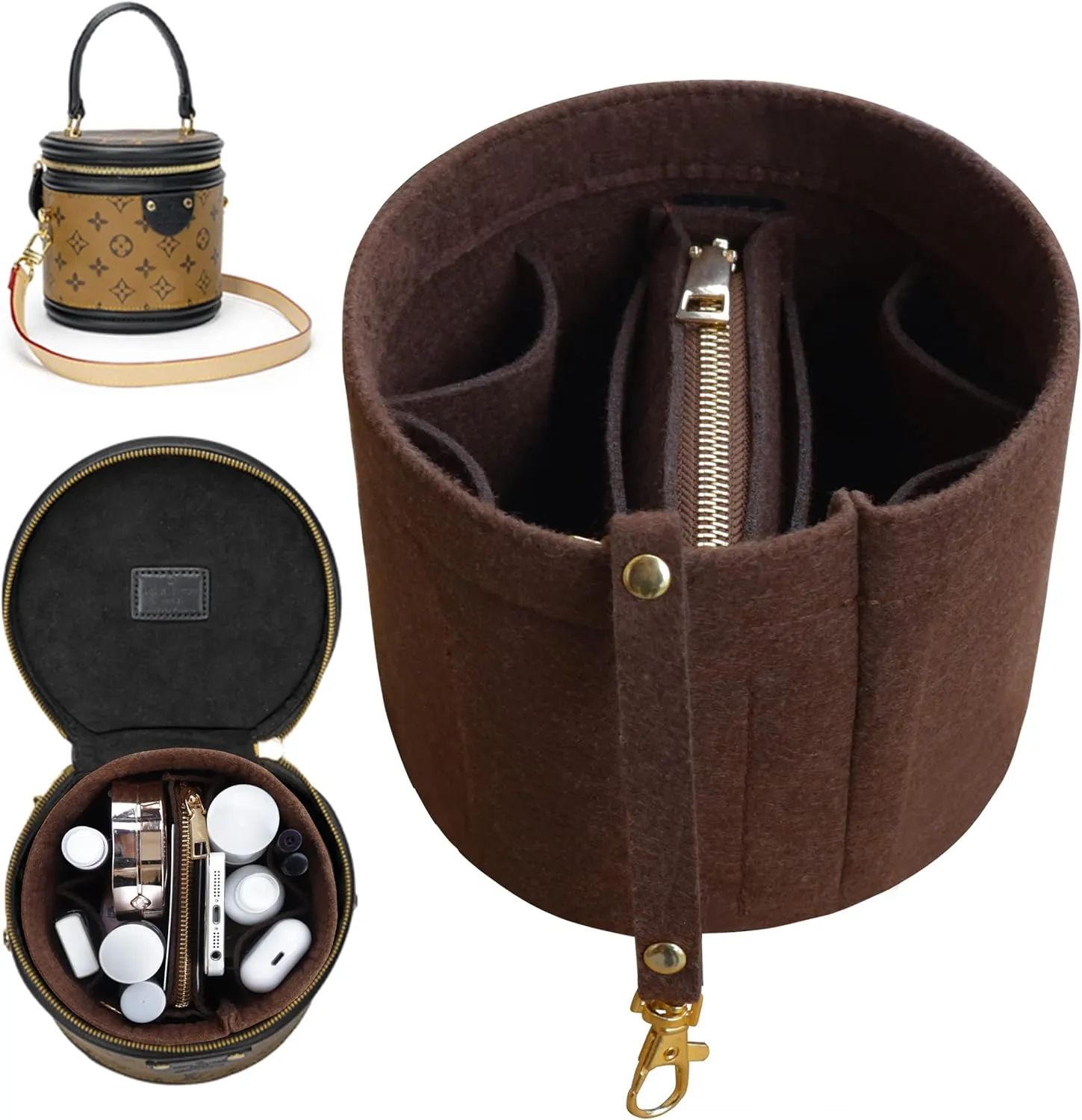 Soyizom Cannes Bag Insert Felt Handbag Organizer Inserts Bag in Bag Organizer with Detachable Bag and Key Chains Fits for Cannes Cylinder Bag Tote Insert Purse Organzies,Brown