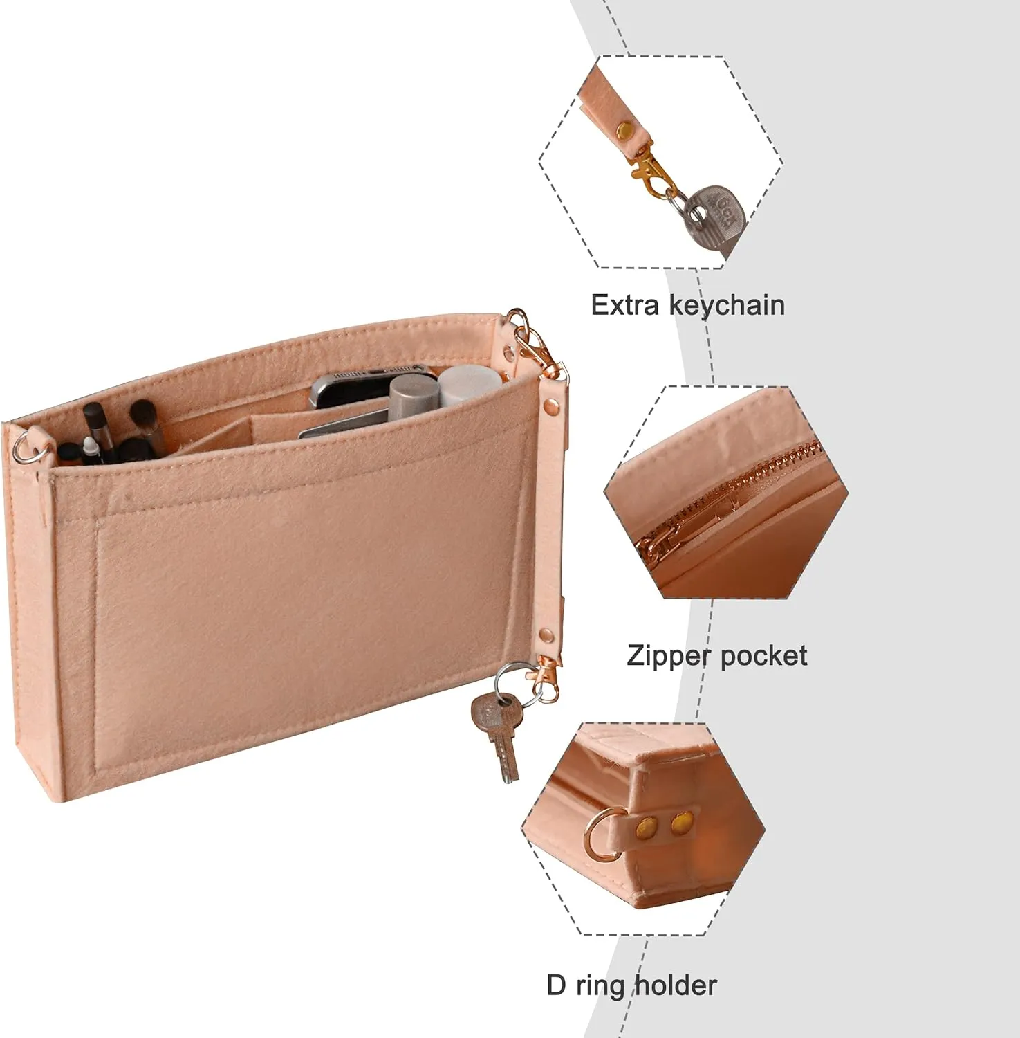 Soyizom Felt Purse Tote Insert Fits Toiletry Pouch - Messenger Bag Liner - Women's Hangbag Purse Tidy Organizer with Gold Buckle&Keychain (Large-26, Pink)