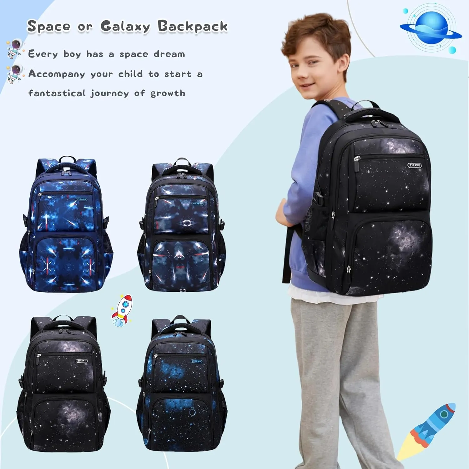 Space Print Boys Backpacks for School Elementary, Galaxy Backpacks for Boys Water-resistant School Bags Bookbags, Dark-blue