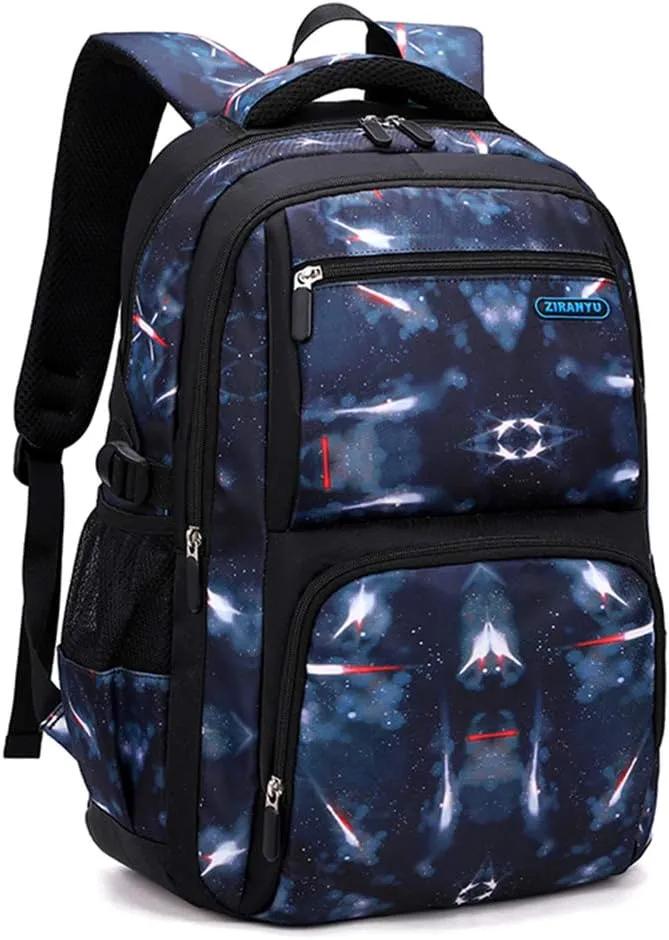 Space Print Boys Backpacks for School Elementary, Galaxy Backpacks for Boys Water-resistant School Bags Bookbags, Dark-blue
