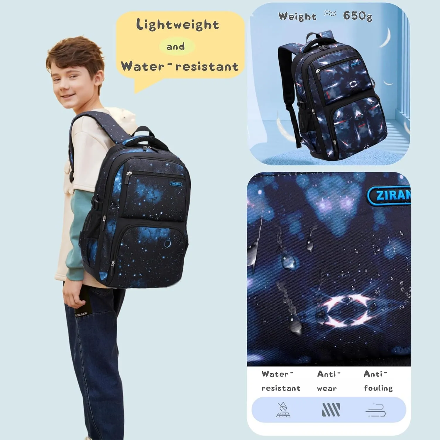 Space Print Boys Backpacks for School Elementary, Galaxy Backpacks for Boys Water-resistant School Bags Bookbags, Sky-blue