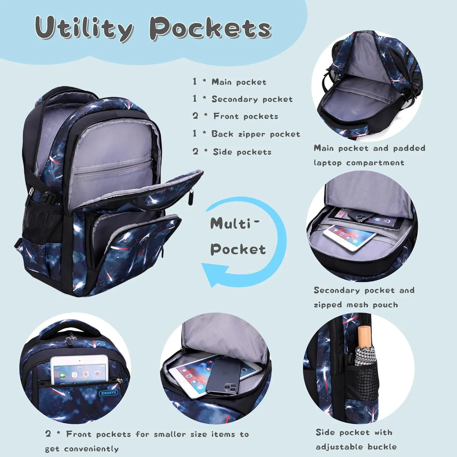 Space Print Boys Backpacks for School Elementary, Galaxy Backpacks for Boys Water-resistant School Bags Bookbags, Sky-blue
